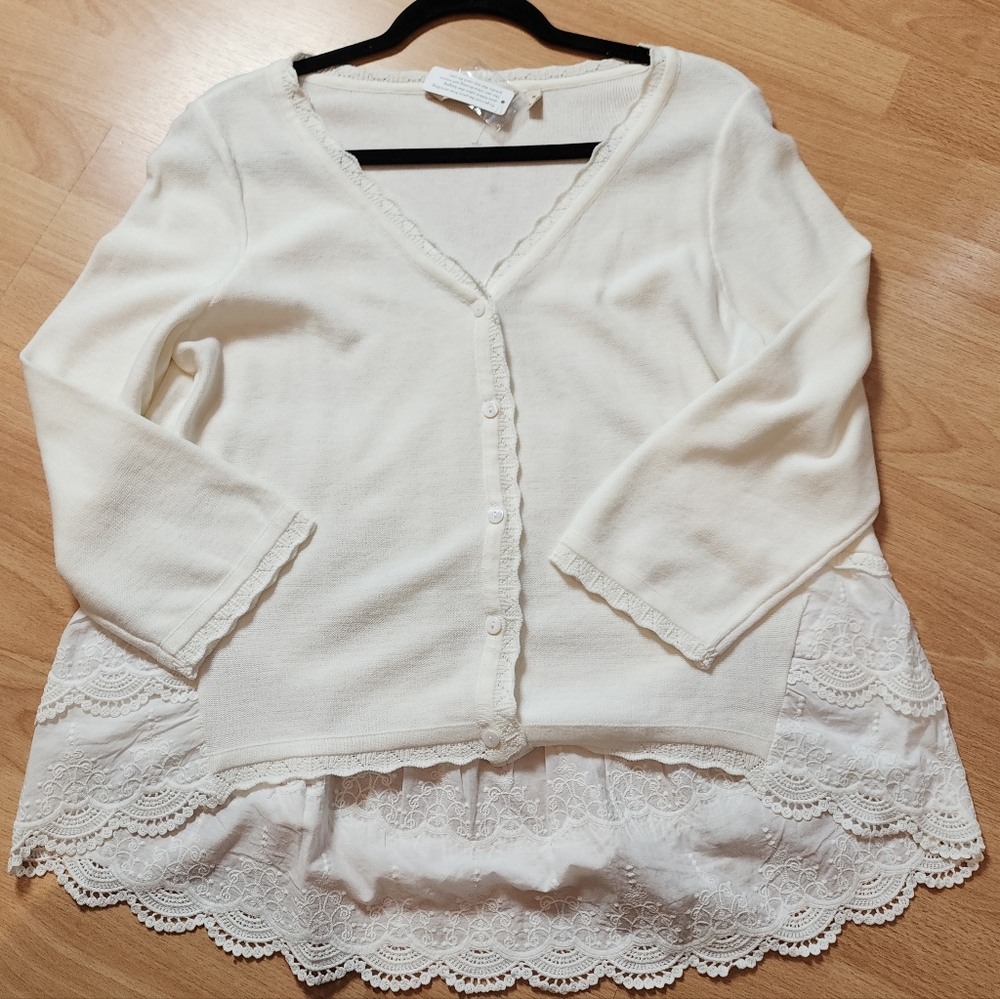 NWT Soft Surroundings‎ White Knit Sweater Button Cardigan Crochet Lace Medium